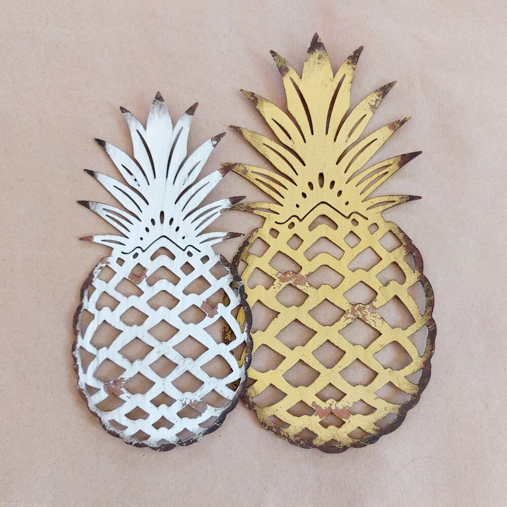 Yellow Pineapple Metal Painted Wall Hanging Art Decor - Set of 2